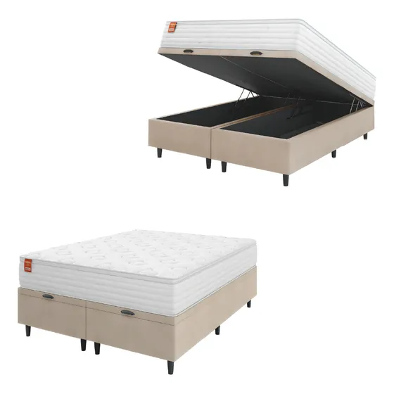 Cama Box Baú Colchão Casal King Molas Ensacadas Real 193x203x68cm Branco e Bege Inducol
