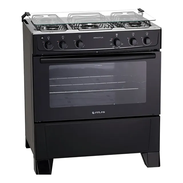 Fogão 5 Bocas Preto com Mesa Inox Atlas Mônaco Plus 127/220V 86,5 Litros
