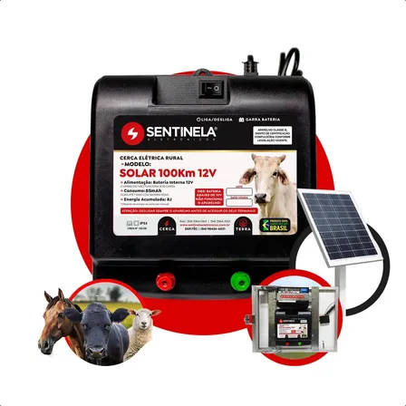 Aparelho De Choque Solar 100km Sentinela Cerca Elétrica Rural Completo Com Bateria Moura E Painel Solar 12v