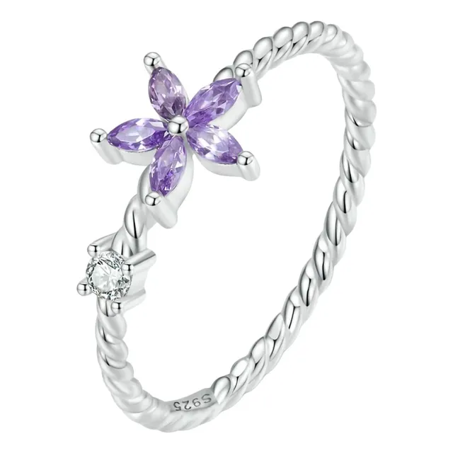 Anel De Zirconia Roxa Flor Estilo Estrela Do Mar Prata 925