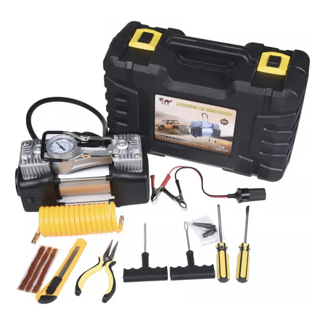 Compresor Aire Doble 2 Piston 12v Metal Auto + Herramientas