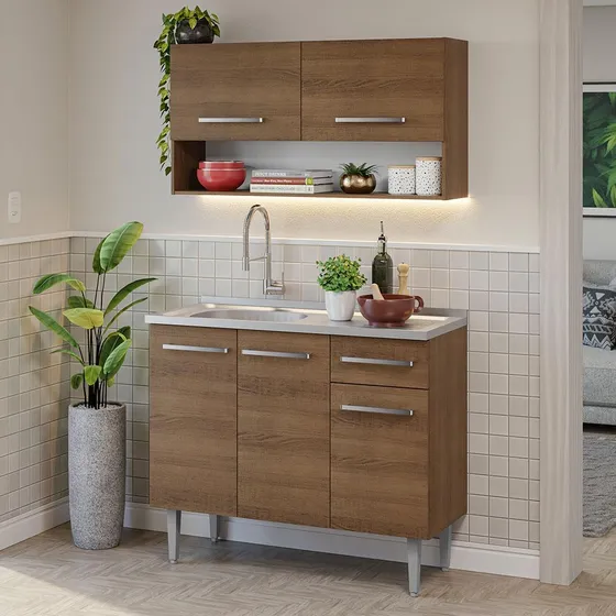 Cocina Integral Completa Modular Madesa Emilly 105cm Con Tarja 04 Color Márron
