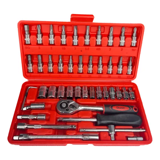 Caja Herramienta 46 Piezas 1/4 Dados Llaves Extension Rachet