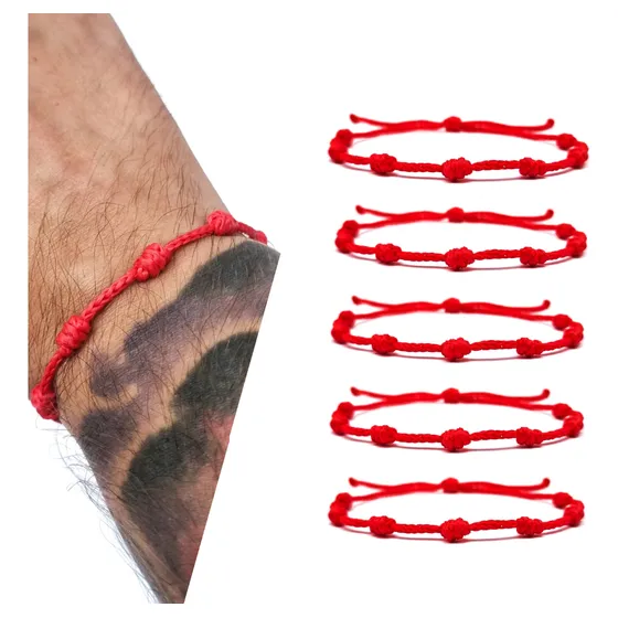 Kit 5 Pulseiras De 7 Nós Cabala Kabbalah Vermelha Ajustável