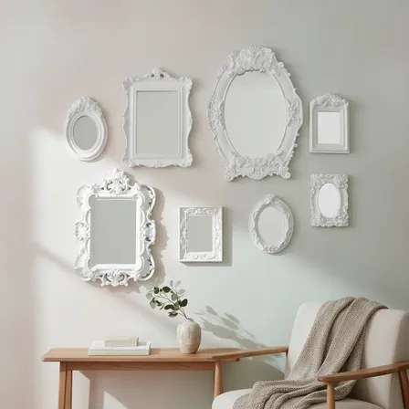 Kit 8 Molduras Resinas Espelho Vintage Parede Decoração Off Branco
