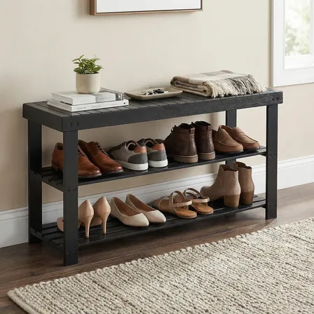 Banco Organizador De Sapatos De Bambu, 3 Níveis Cor Preto