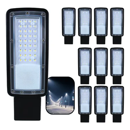 Kit 10 Luminaria Led Smd Publica Rua Poste 100w Prova Dagua 127/220v Preto Branco-frio