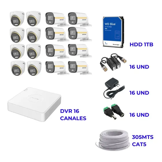 Kit Seguridad Hikvision 16 Camaras  1080p Full Hd Color Vu 