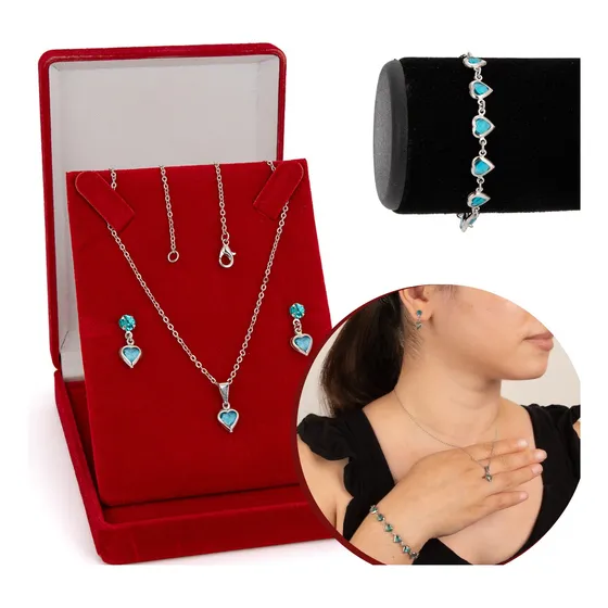 Colar Feminino Presente + Pulseira + Brinco Coração Aço Inox