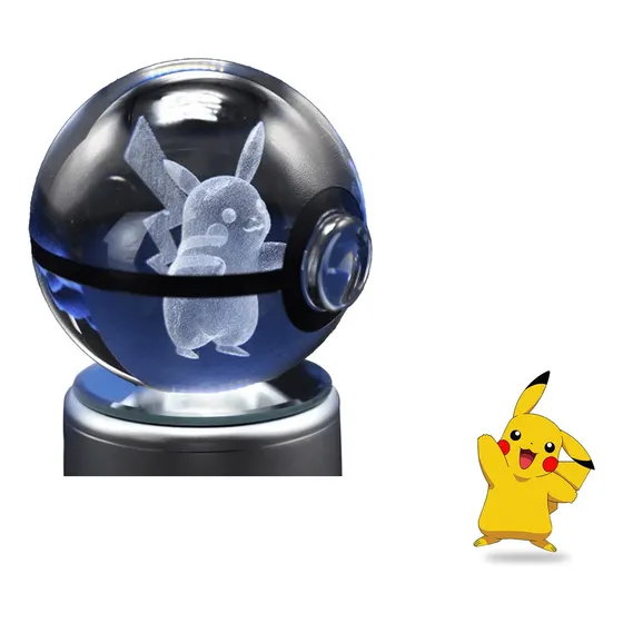 Pokemon Anime Esfera 3d Pokeball De Cristal Con Luz Pikachu