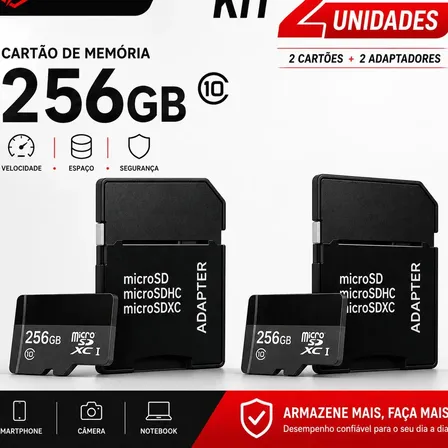Kit 2 Cartões de Memória Techfun Ultra 256GB SD UHS-II para Celular e Câmera com Adaptador