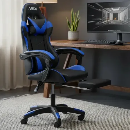 Cadeira De Escritório Gamer Nsx Ergonômica Estofado Couro Sintético Reclinável Altura Ajustável Apoio Para Pés Cor Preta E Azul