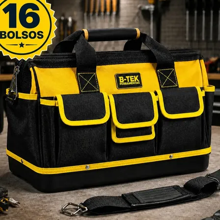 Bolsa Ferramentas Reforçada Grande Lona B-TEK BT-398 Mala 16 Bolsos 15kg Eletricista Encanador Mecânico Mochila Fundo Emborrachado Manutenção Predial Porta Ferramenta Profissional Preto E Amarelo