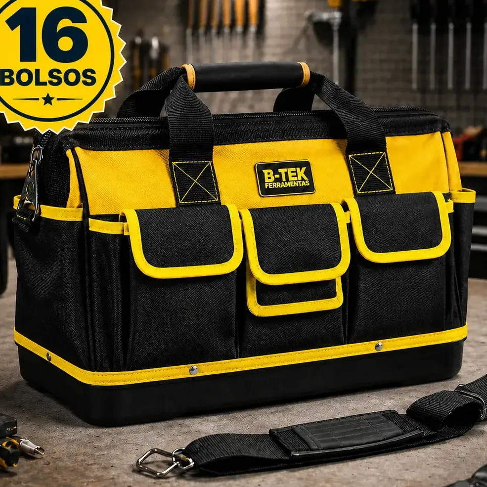 Bolsa Ferramentas Reforçada Grande Lona B-TEK BT-398 Mala 16 Bolsos 15kg Eletricista Encanador Mecânico Mochila Fundo Emborrachado Manutenção Predial Porta Ferramenta Profissional Preto E Amarelo