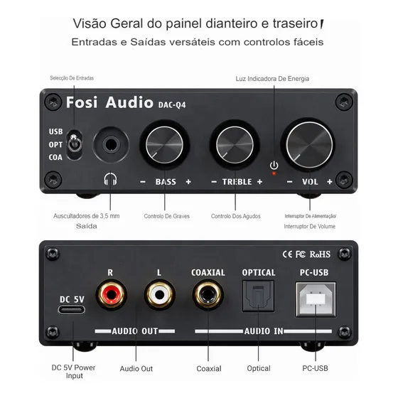 Amplificador Fone Ouvido Fosi Audio Q4 Mini Stereo Gaming DAC