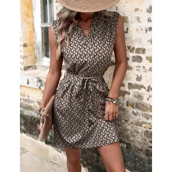 Vestido Sin Manga Estampado Con Cinturón  Nuevo Shein