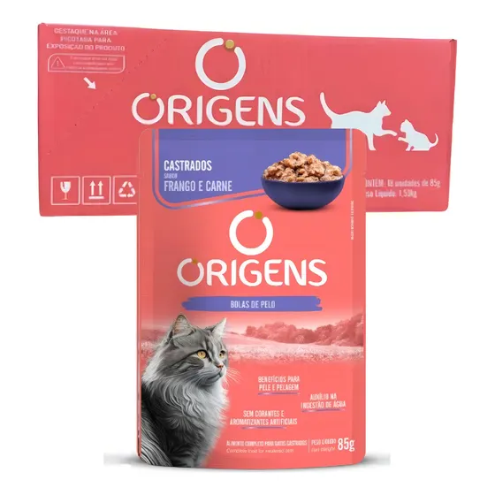 Sachê Origens Gato Adulto Castrado Frango Carne 85g Cx 18uni