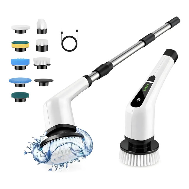 Esfregão Mop 9 Em 1 Escova De Limpeza Elétrica Multiuso Rotatória Magica Limpa Canto Friso Banheiro Cozinhha Bivolt Branco
