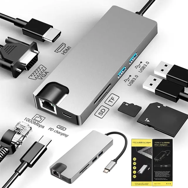Adaptador Tipo C A Hmdi 4k Usb 3.0 Lan 8 En 1 Multipuerto 