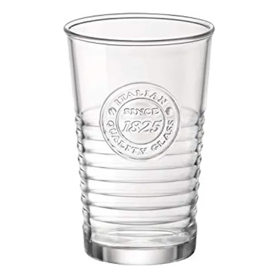 Bormioli Rocco Officina - Juego De 4 Vasos De Agua Transparentes Con Diseño De Anillo Texturizado Y Logotipo Clásico - 11 Oz De Alta Capacidad Para Soda, Jugo, Leche, Coca, Cerveza, Licor