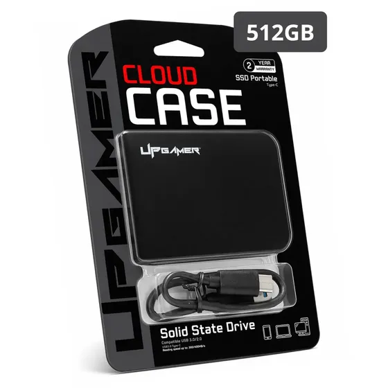 HD SSD Externo 512GB Portátil USB Tipo C Case Armazenamento Compatível PC Notebook Console Expansão Dados Leitura Até 400MB/s Compacto Plug And Play Cloud Case UP Gamer