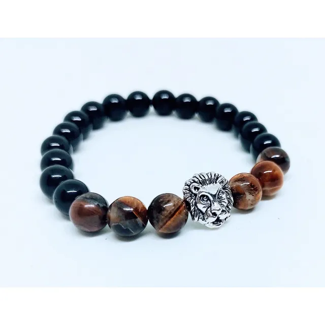 Pulsera De Piedra Obsidiana Y Ojo De Tigre Con Dije León