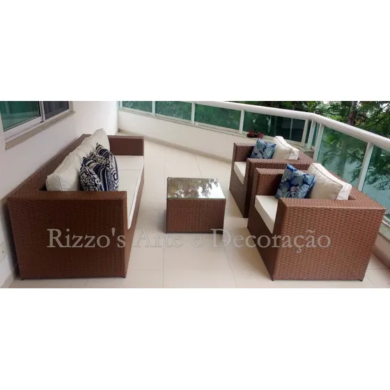 Conjunto Sofá Itália  3 Lug Fibra Sintética, Vime Sintético