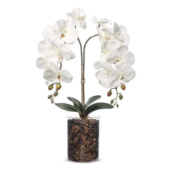 Arranjo De Flores Artificiais Vasos Com Flores Artificiais Arranjo Orquídea Artificial - Lindo Arranjo Com Orquídea Artificial Realista, Vaso E Lascas De Pinus