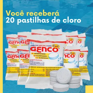 Kit 20 Pedras De Cloro Genco 3 Em 1 Para Piscinas C/200g Cad Kit 20 Pedras De Cloro Genco 3 Em 1 Para Piscinas C/200g Cad