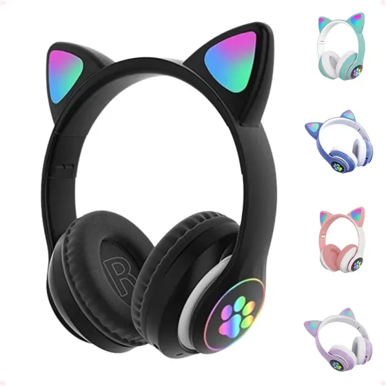 Fone De Ouvido Gatinho Bluetooth Infantil Led Menino Menina Cor Preto