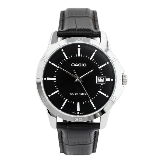 Reloj pulsera Casio MTP-V004L-1A con correa de cuero color negro - bisel plata