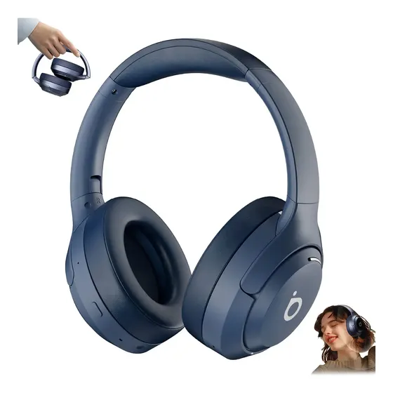 Fone de Ouvido Sem Fio Basike Bluetooth 5.4 Premium ANC Hifi Redução de Ruído Ativo bateria de 40 Horas de Duração Corrida Regulável Dobrável Headphone Com Microfone Cor Azul