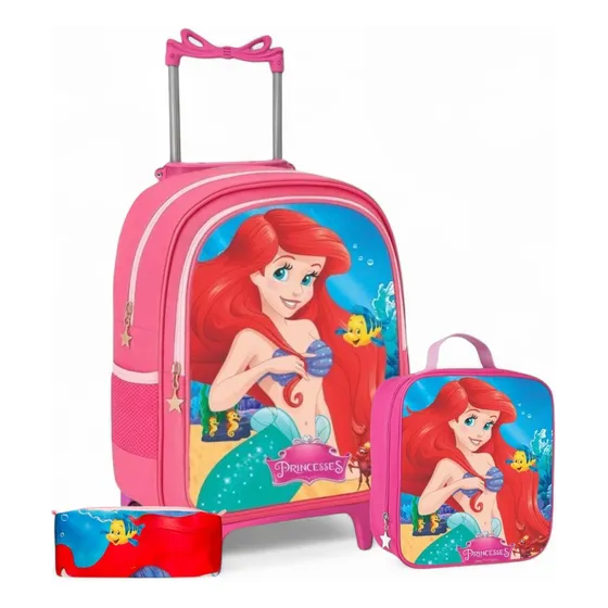 Mochila Infantil Menina Rodinha Lancheira estojo Cor Ariel