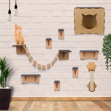 Playground Para Gatos Kit 9 Peças Box Fan Nicho Arranhador Mdf Resistente Cru