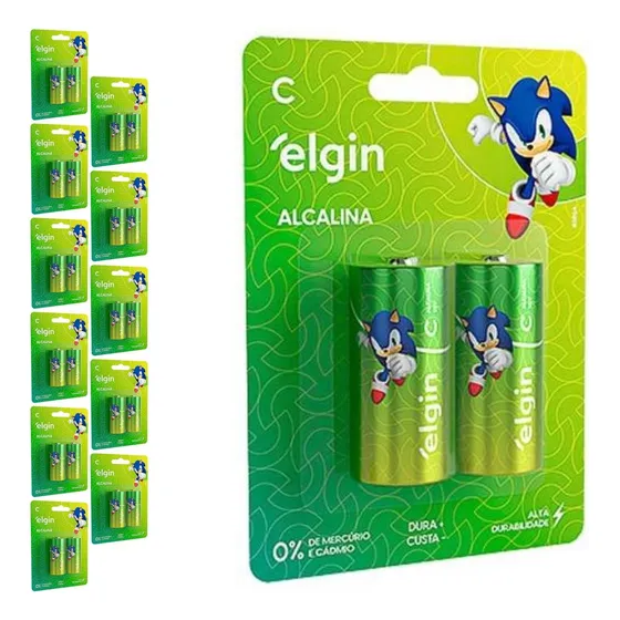 24 Pilhas Alcalinas Tipo C Média Elgin 12 Cart