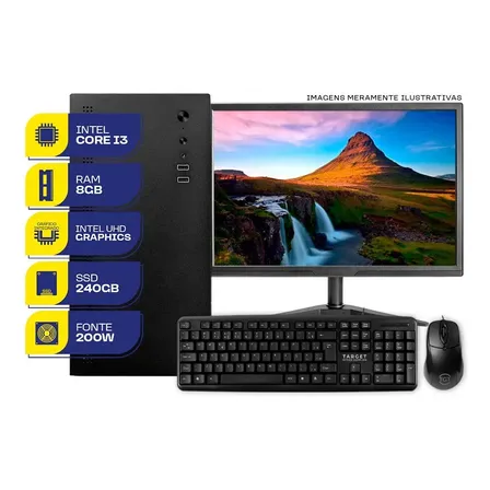 PC Home Completo MCL, Intel i3 8a Geração, 8GB DDR4, SSD 240GB, Periféricos + Monitor