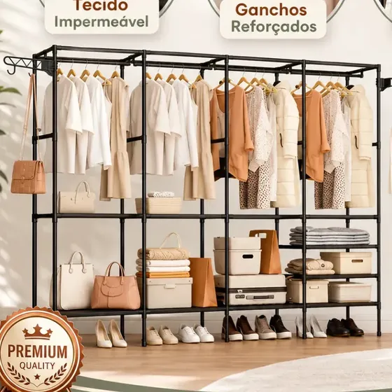 Guarda Roupa Dobravel Closet Aberto Organizador De Roupas Desmontavel E Arara Organizadora 4 Colunas Em Aço Resistente Rishon