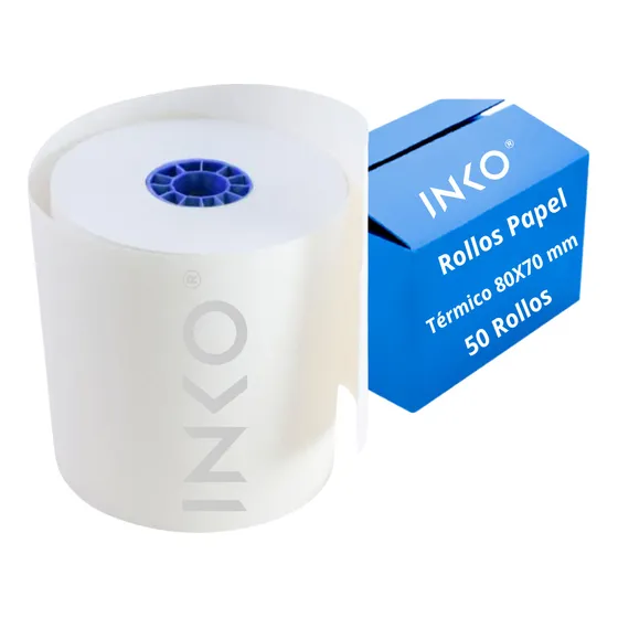 50 Rollos Papel Térmico 80x70 Impresora 80mm Blanco Inko