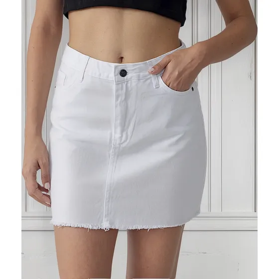 Mini Jeans Blanca Tiro Alto Sin Ruedo Mujer Rigida Denim