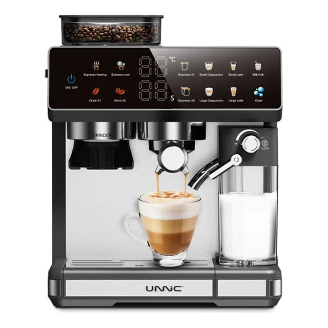 Cafetera Unnic Espresso Con Molinillo Granos Digital Tactil Con Deposito De Leche Acero Inoxidable Para Barista De 20 Bares 1350w Espumador 2.6 L Calienta Tazas Café Caliente Frio Desayuno Color Negro