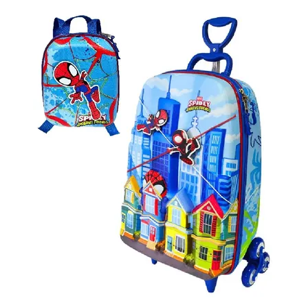 Kit Mochila Escolar De Rodinhas Homem-aranha Spidey City Azul-celeste Spidey City