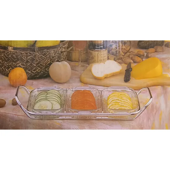 3 Bandejas De Vidrio Para Pasapalos Con Base Plateada