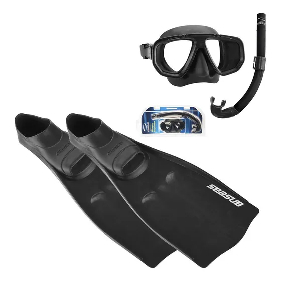 Kit Mergulho Completo Máscara Snorkel Nadadeira Pé De Pato Seasub Vidros Temperados Intercambiáveis Cor Preto 37/39