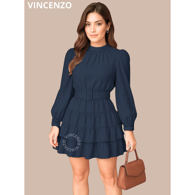 Vestido Manga Longa Feminino Moda Boho Chic Curto Com Cinto