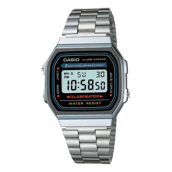 Reloj pulsera digital Casio A-168WGG-1B con correa de acero inoxidable color plateado - fondo gris\u002Fnegro\u002Fazul | Cuotas sin interés