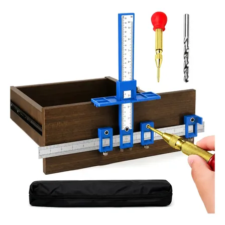 Kit Régua Alumínio Esquadro T Gabarito de Furação Para Puxador Com Punção Automático e Broca Para Marcenaria Armário Cozinha Gaveta Porta Móveis