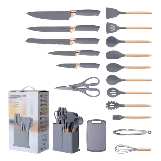 Set Utensilios Cocina Silicona + Set Cuchillos X19 Pcs Color Gris