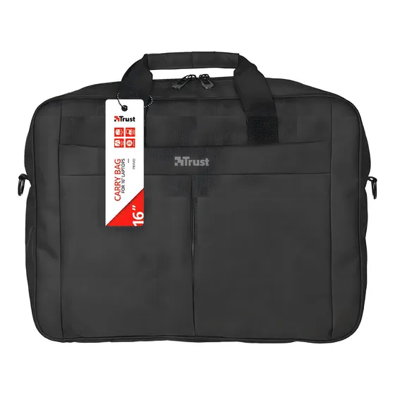 Funda de transporte Trust Primo para ordenadores portátiles con marco de 16 pantallas, color níquel, correa de hombro negra, color negro, diseño de tela lisa
