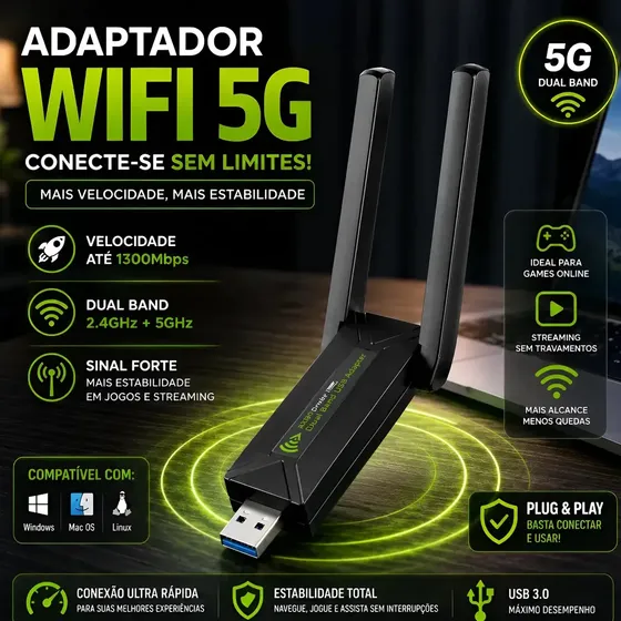 Adaptador Wifi 5g Potente Computador Usb 3.0 Dual Band 5.8ghz Wifi 1300mbps Placa De Rede Gigabit Alta Velocidade Wi-Fi 5GHz Ethernet Usb Com 2 Antenas Gotwire? Compatível Windows