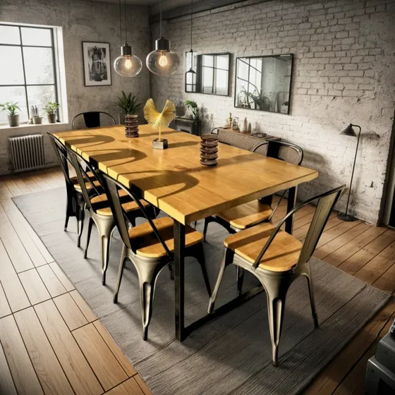 Comedor Industrial Mesa 200x90 Con 8 Sillas Tolix Madera